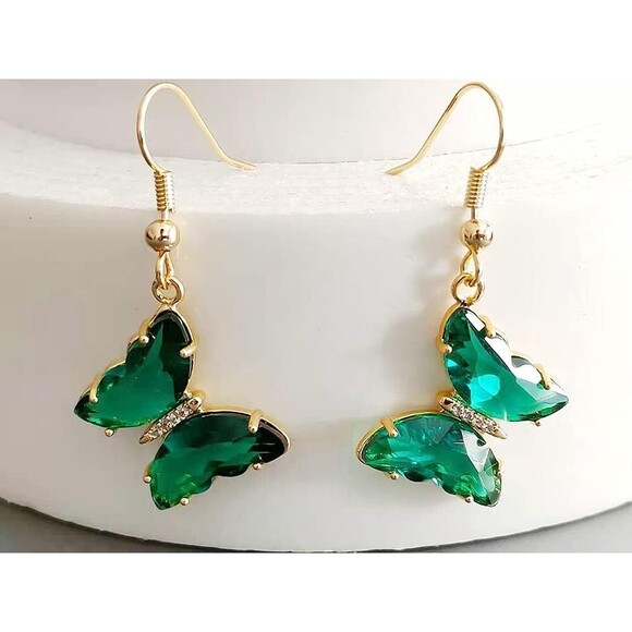 CZ Butterfly Glass Drop Dangle Earrings Sterling Silver Zirconia Gold Plated - Picture 3 of 5